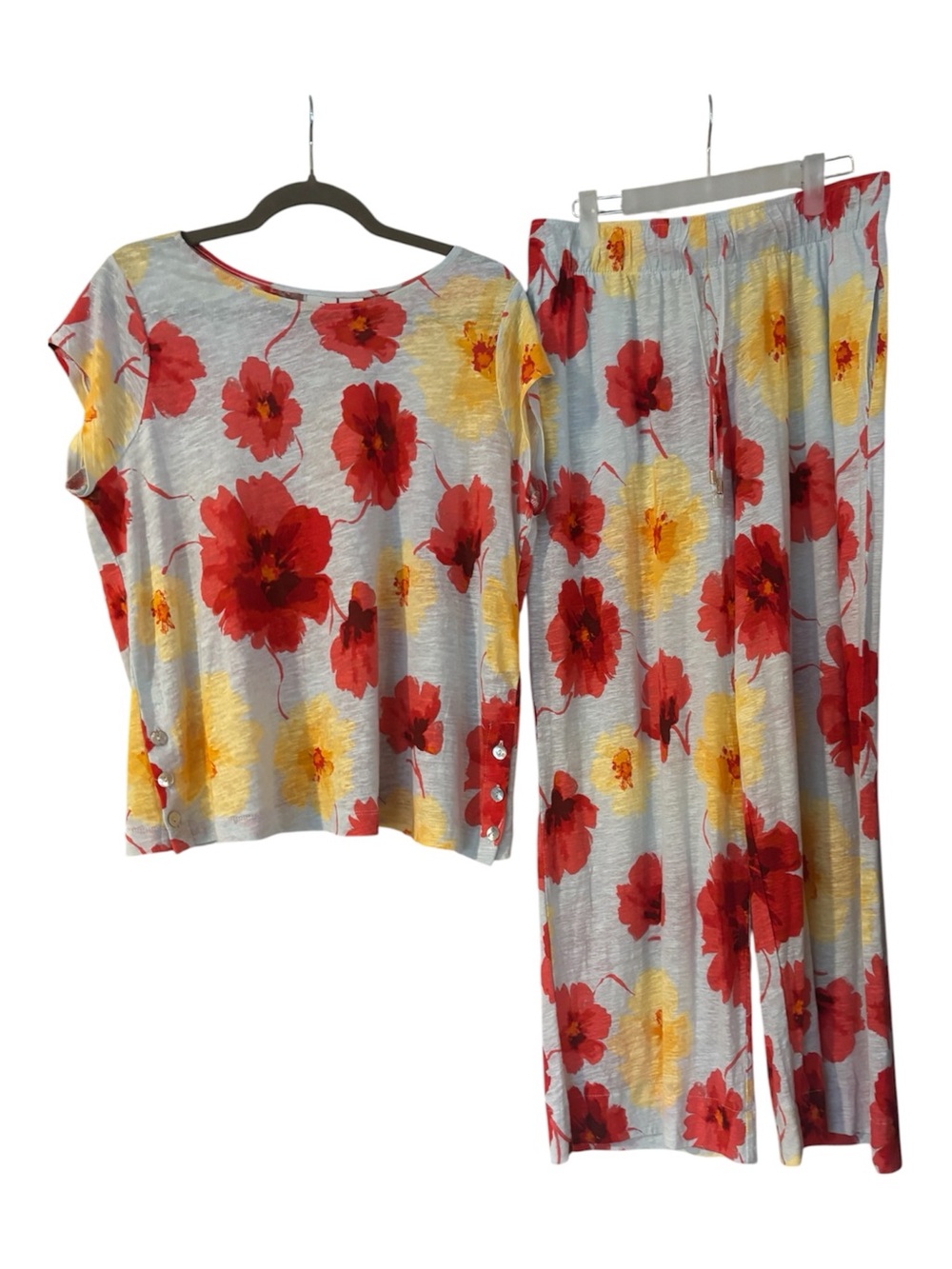 Joie Linen Lyocell Poppy Floral 2 Piece Set Top & Wide Leg Pants Size Large
